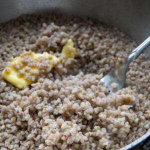 Cooked buckwheat with butter.