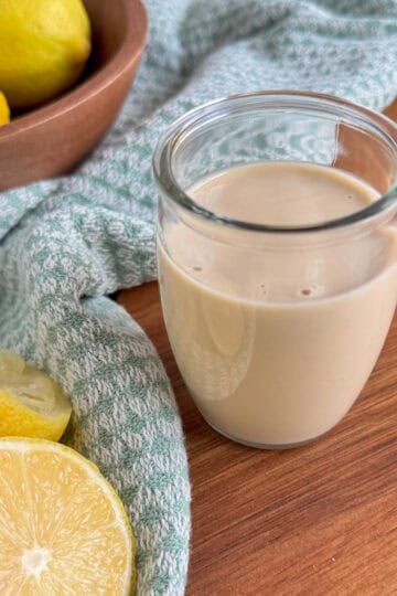 tahini dressing in glass jar